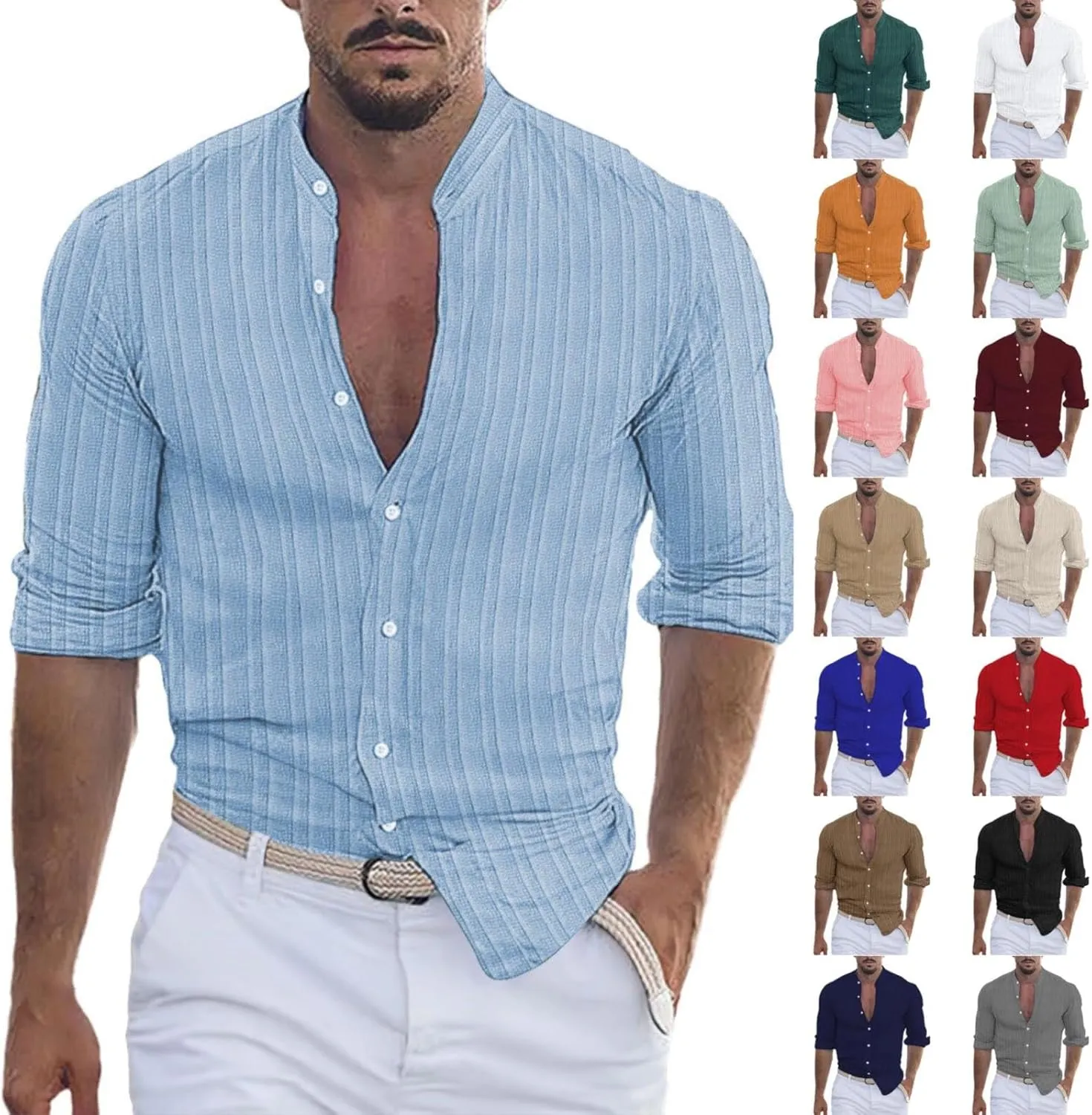 100 Percent Cotton Hemp Shirts for Men Short Sleeve Striped Button Down Athletic Shirt Summer Beach