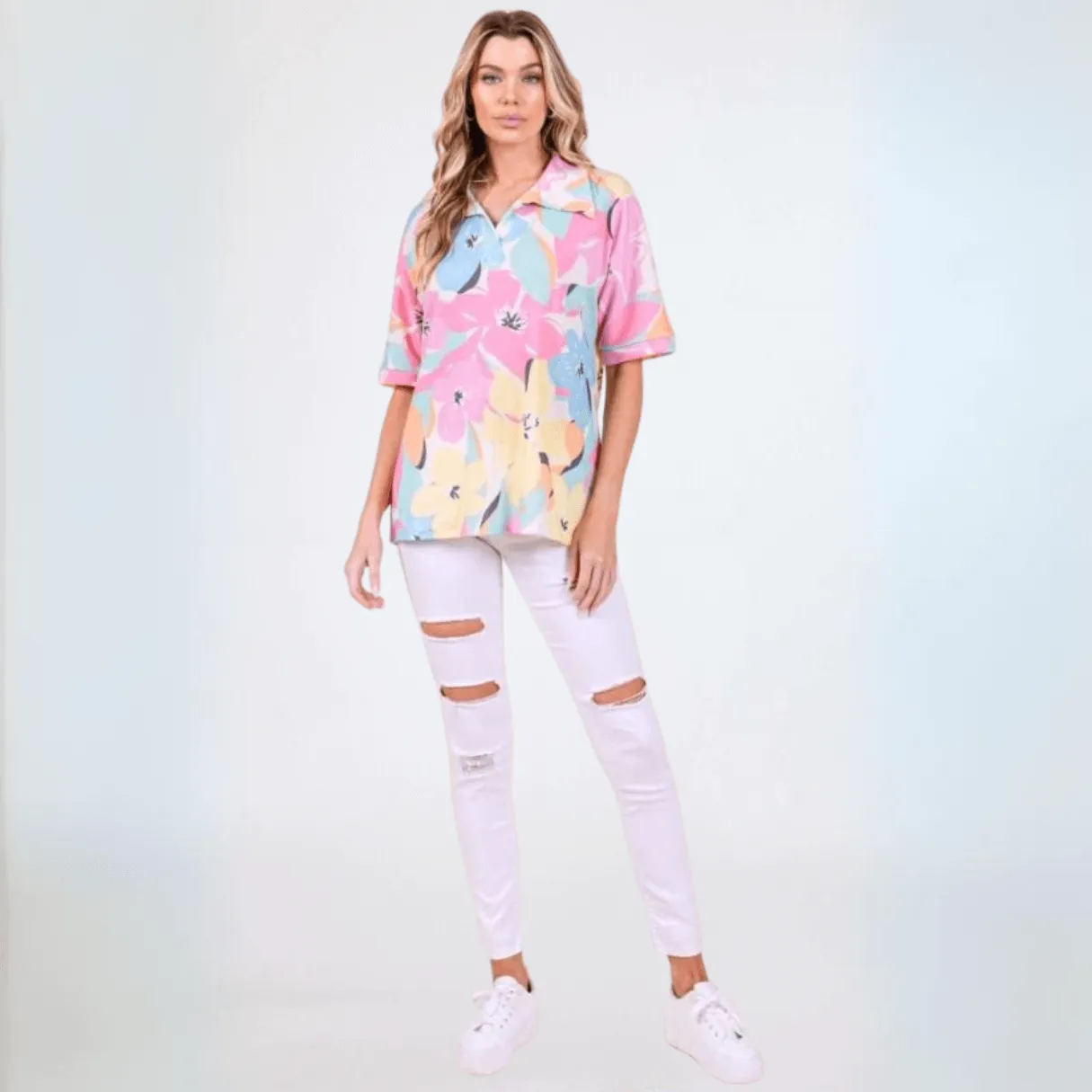 Airy Tropical Print Polo Made in USA