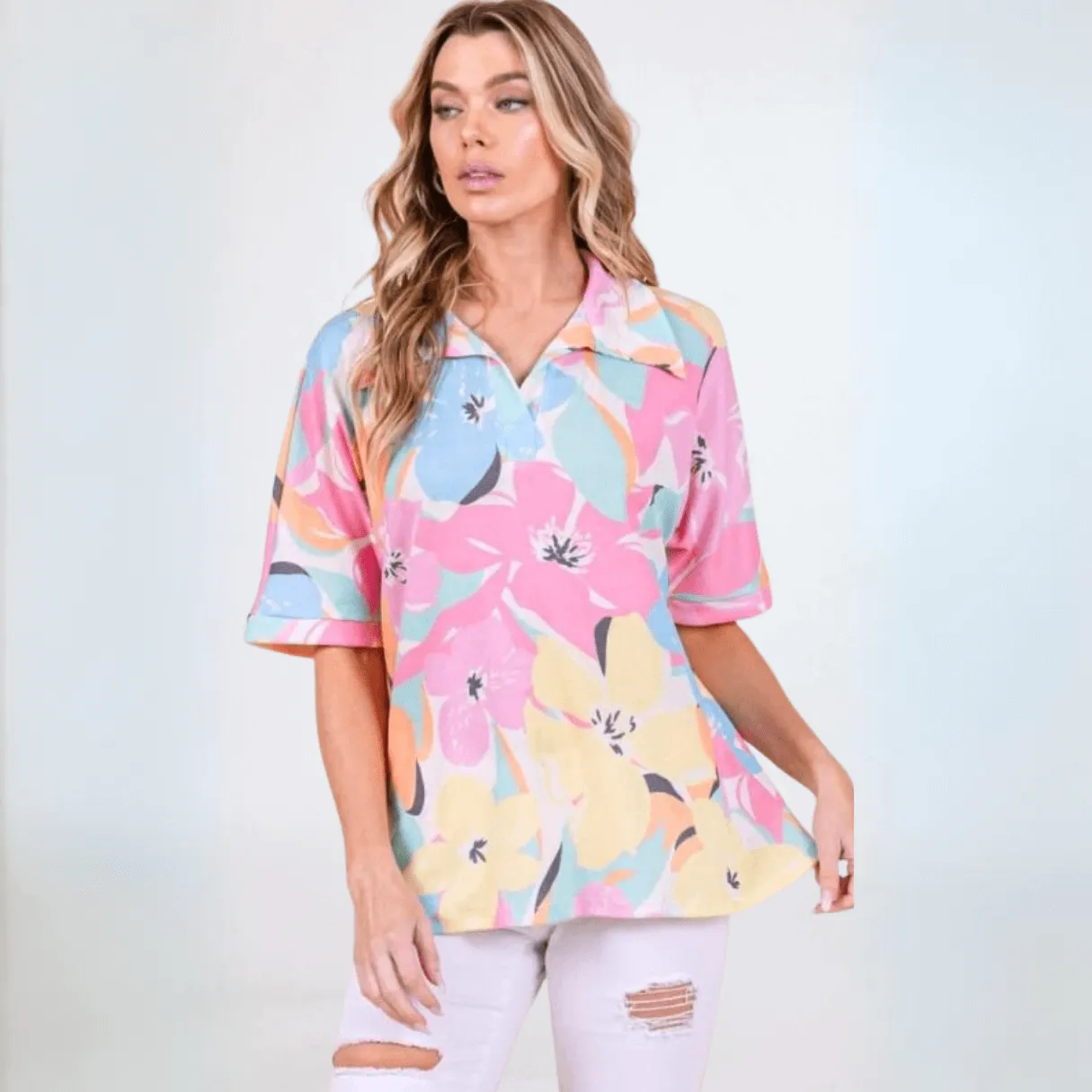 Airy Tropical Print Polo Made in USA