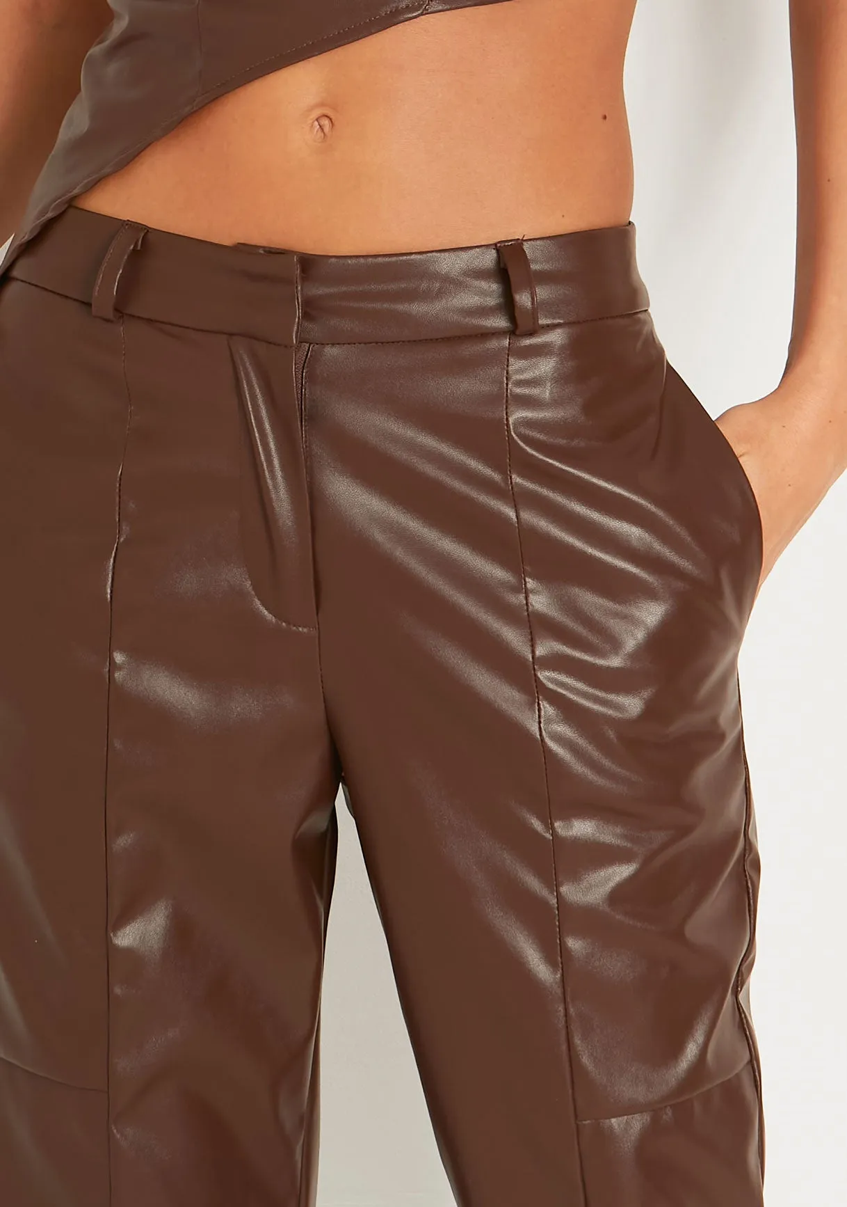 Alessia Brown Faux Leather Seam Detail Straight Leg Trousers