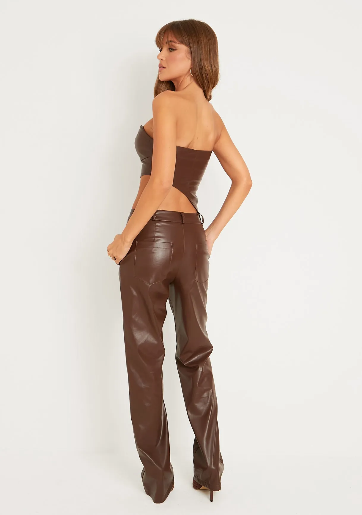 Alessia Brown Faux Leather Seam Detail Straight Leg Trousers