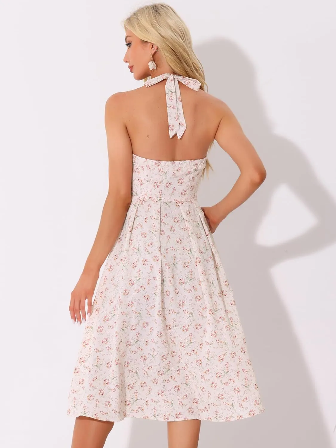 Allegra K Halter Neck Floral Dress for Women's Summer Sundress Sleeveless Lace Up Midi Dresses