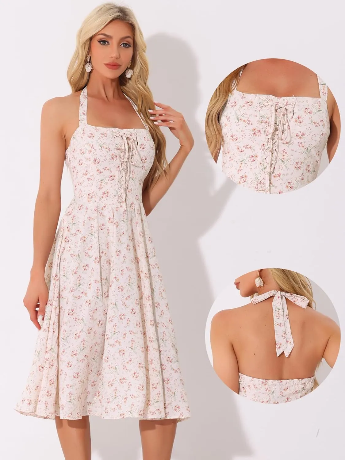 Allegra K Halter Neck Floral Dress for Women's Summer Sundress Sleeveless Lace Up Midi Dresses