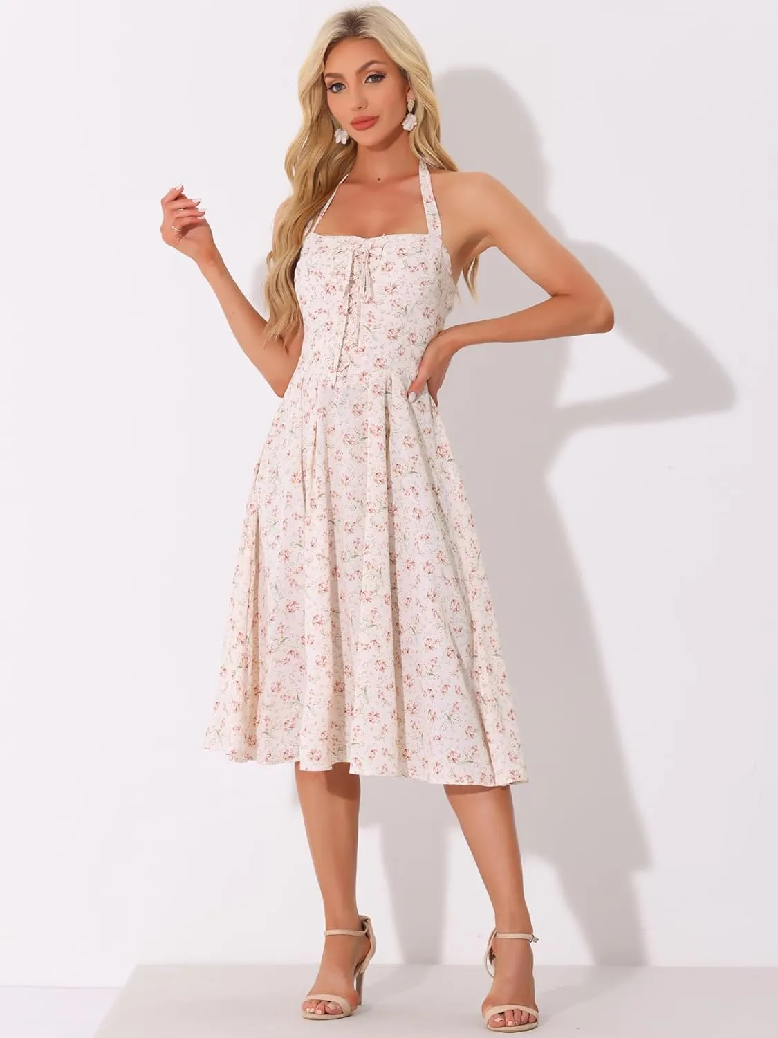 Allegra K Halter Neck Floral Dress for Women's Summer Sundress Sleeveless Lace Up Midi Dresses