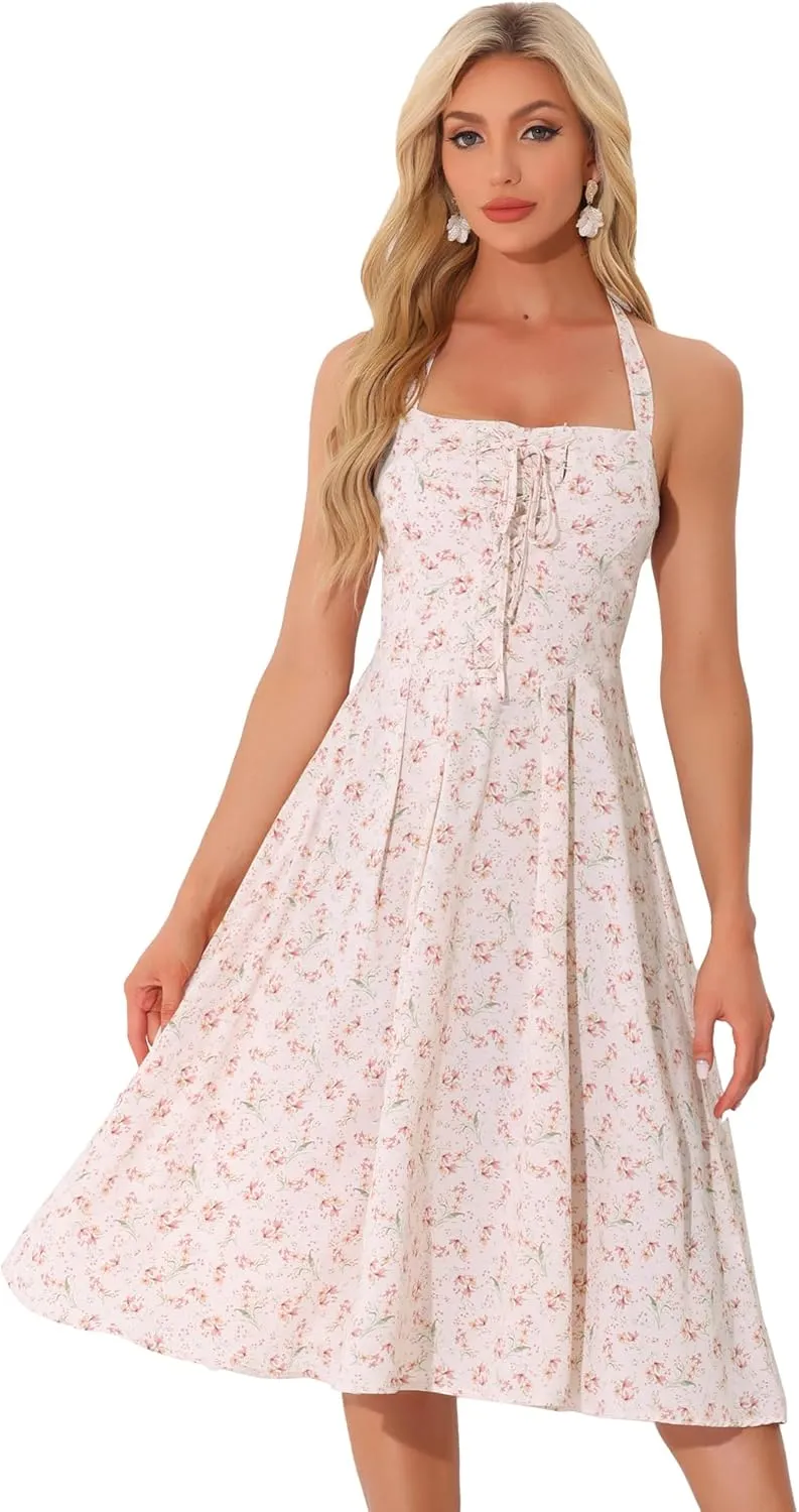 Allegra K Halter Neck Floral Dress for Women's Summer Sundress Sleeveless Lace Up Midi Dresses