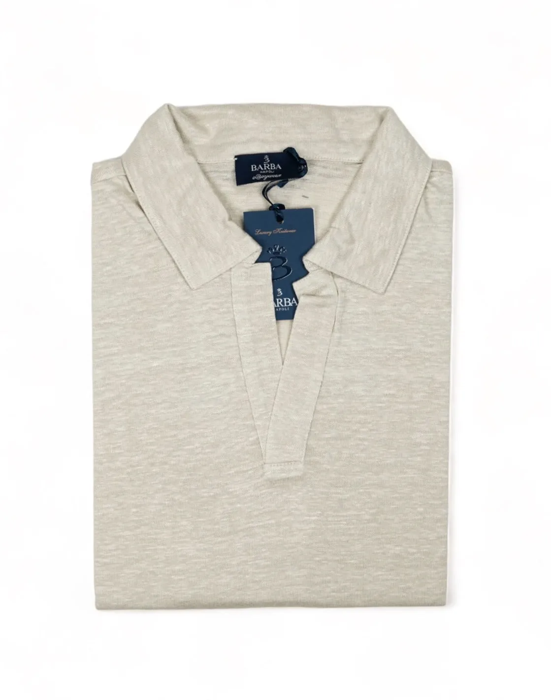 Barba Napoli - Sand Short-Sleeve Linen V-Neck Polo 50