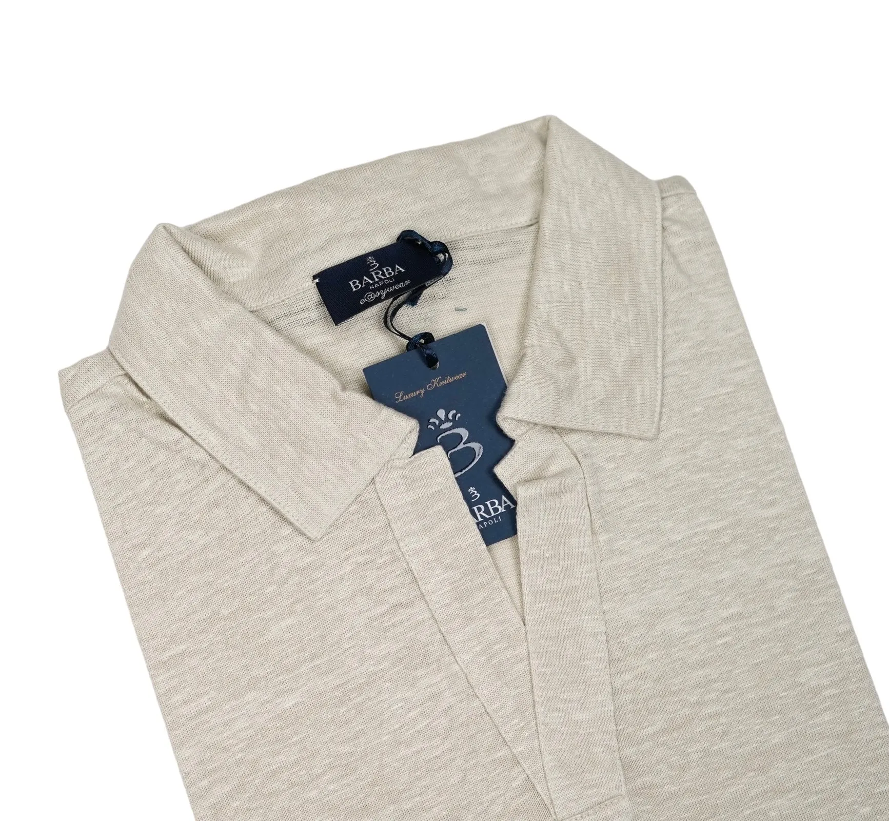Barba Napoli - Sand Short-Sleeve Linen V-Neck Polo 50