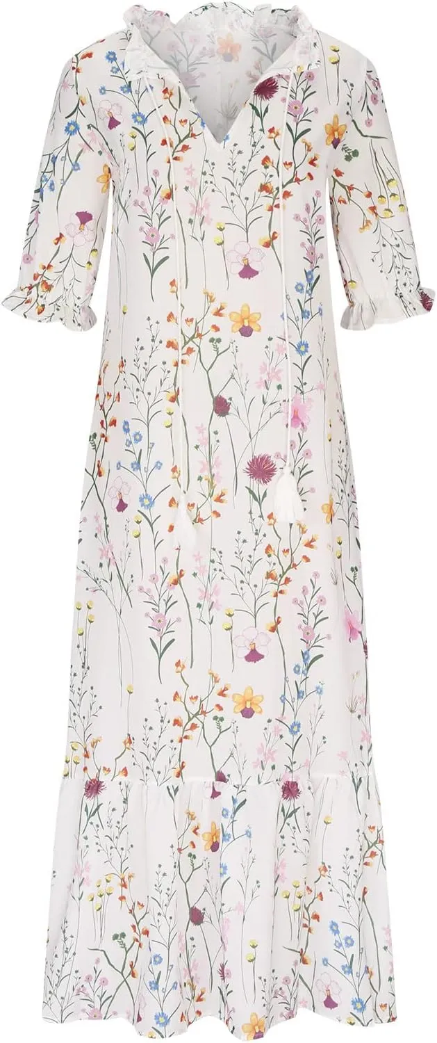 Beach Vacation Clothes for Women Elegant Floral Print Wrap Maxi Dress Feminine Mid-Length Sleeves Maxi Sun Dress