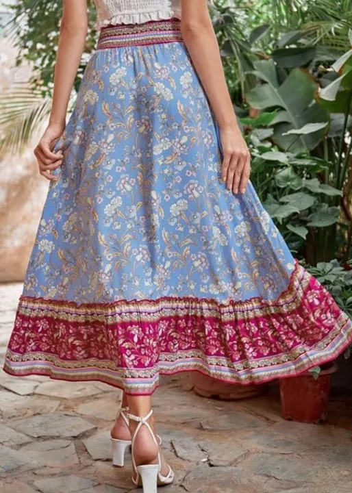 Boho Long flared Skirt with floral pattern elastic waist