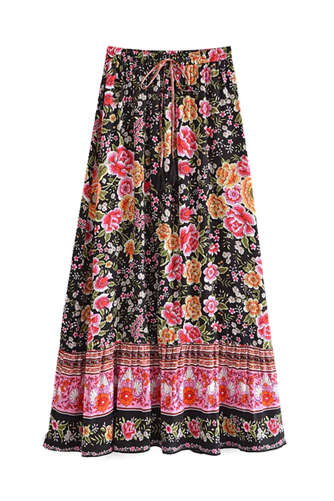 Boho Skirt, Hippie Skirts, Maxi Skirt, Eulalie Balck Pink Flower
