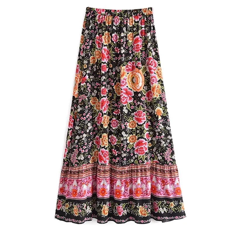 Boho Skirt, Hippie Skirts, Maxi Skirt, Eulalie Balck Pink Flower
