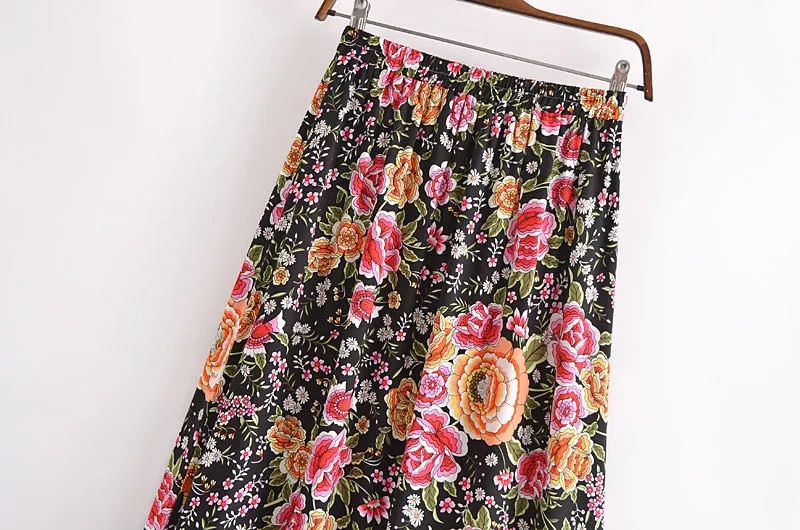 Boho Skirt, Hippie Skirts, Maxi Skirt, Eulalie Balck Pink Flower