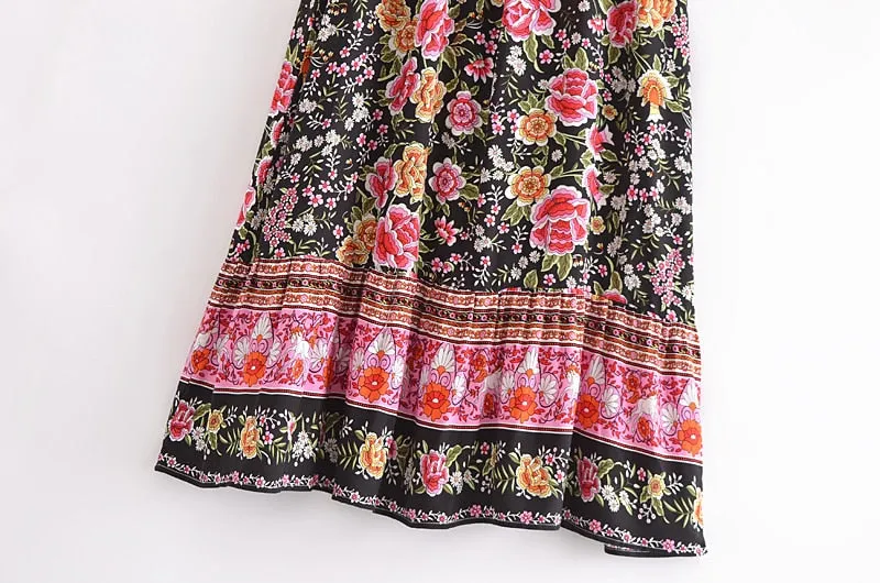 Boho Skirt, Hippie Skirts, Maxi Skirt, Eulalie Balck Pink Flower