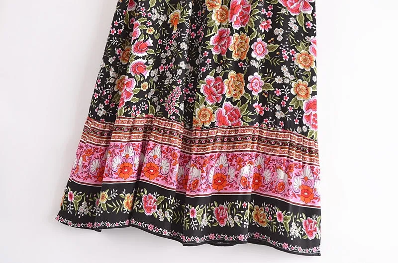 Boho Skirt, Hippie Skirts, Maxi Skirt, Eulalie Balck Pink Flower