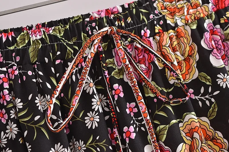Boho Skirt, Hippie Skirts, Maxi Skirt, Eulalie Balck Pink Flower
