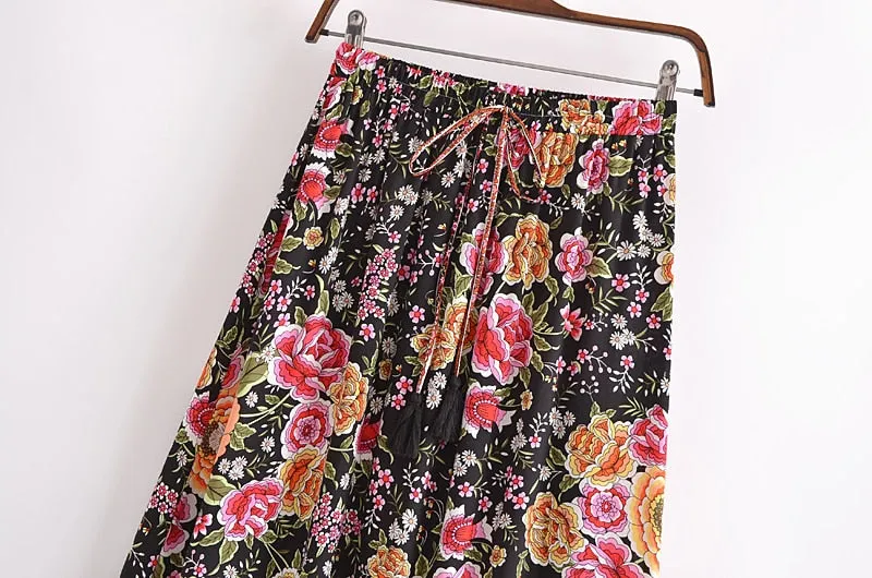 Boho Skirt, Hippie Skirts, Maxi Skirt, Eulalie Balck Pink Flower