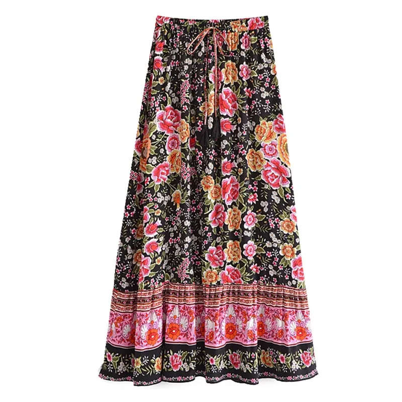 Boho Skirt, Hippie Skirts, Maxi Skirt, Eulalie Balck Pink Flower