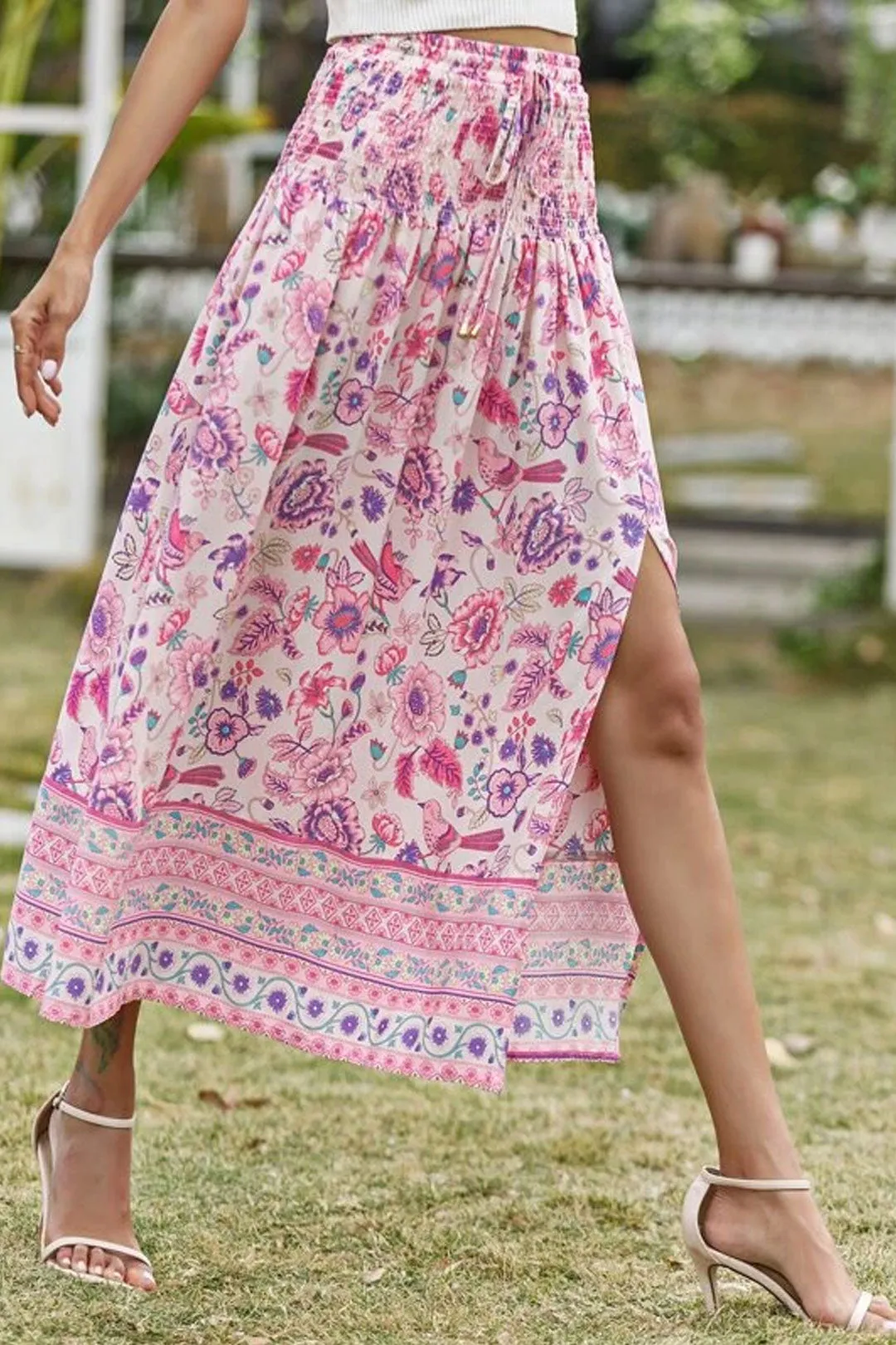 Boho Skirt, Hippie Skirts, Maxi Skirt, Smocked Waist, Bird Garden in Pink Purple