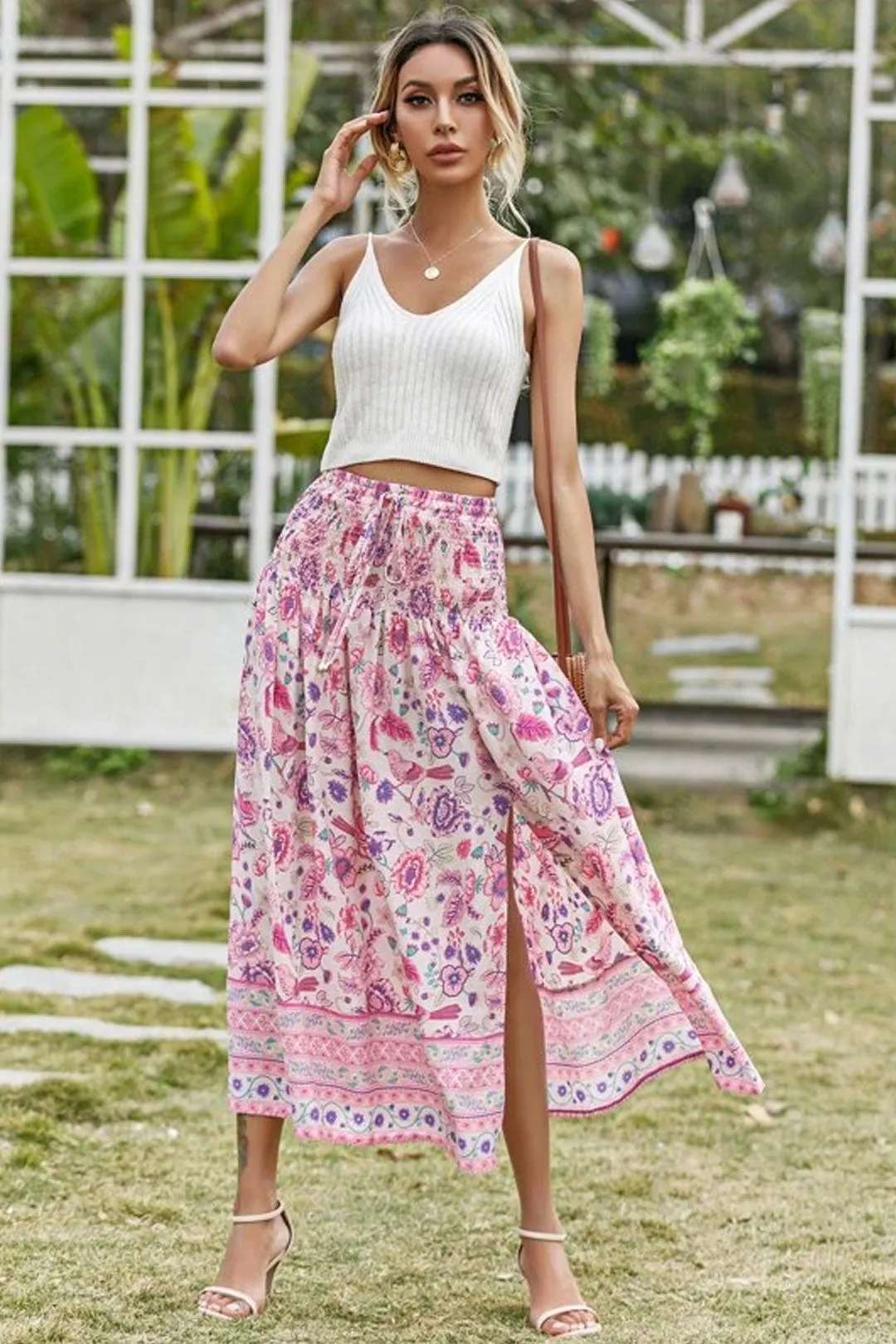 Boho Skirt, Hippie Skirts, Maxi Skirt, Smocked Waist, Bird Garden in Pink Purple