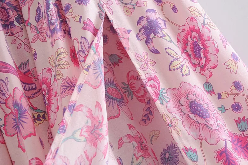 Boho Skirt, Hippie Skirts, Maxi Skirt, Smocked Waist, Bird Garden in Pink Purple
