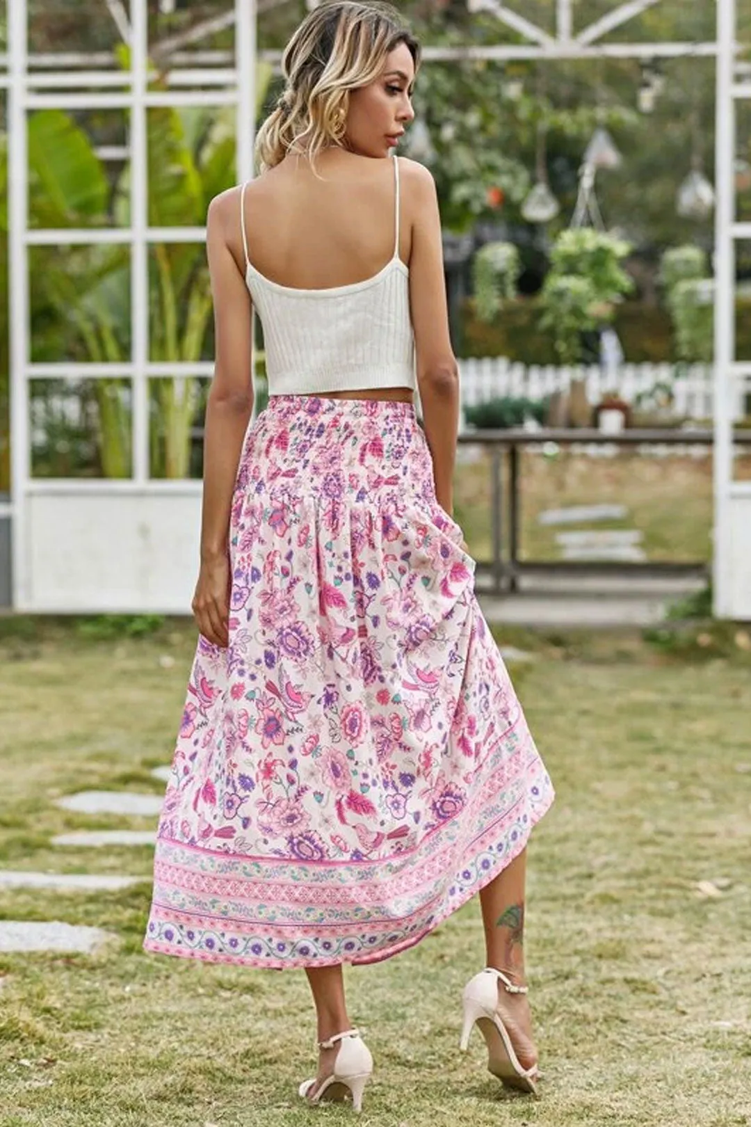 Boho Skirt, Hippie Skirts, Maxi Skirt, Smocked Waist, Bird Garden in Pink Purple
