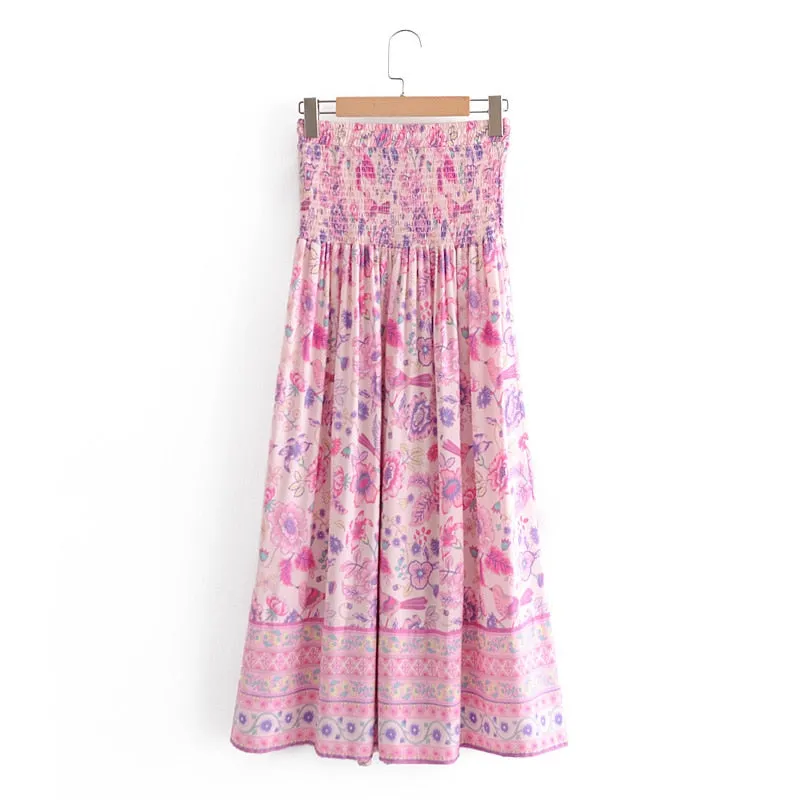 Boho Skirt, Hippie Skirts, Maxi Skirt, Smocked Waist, Bird Garden in Pink Purple