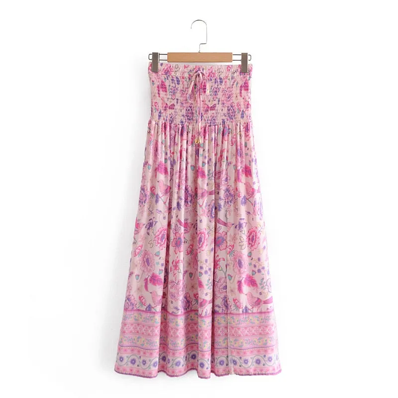 Boho Skirt, Hippie Skirts, Maxi Skirt, Smocked Waist, Bird Garden in Pink Purple