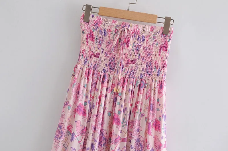 Boho Skirt, Hippie Skirts, Maxi Skirt, Smocked Waist, Bird Garden in Pink Purple