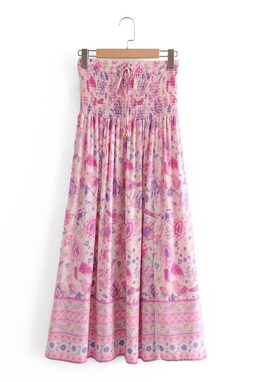 Boho Skirt, Hippie Skirts, Maxi Skirt, Smocked Waist, Bird Garden in Pink Purple