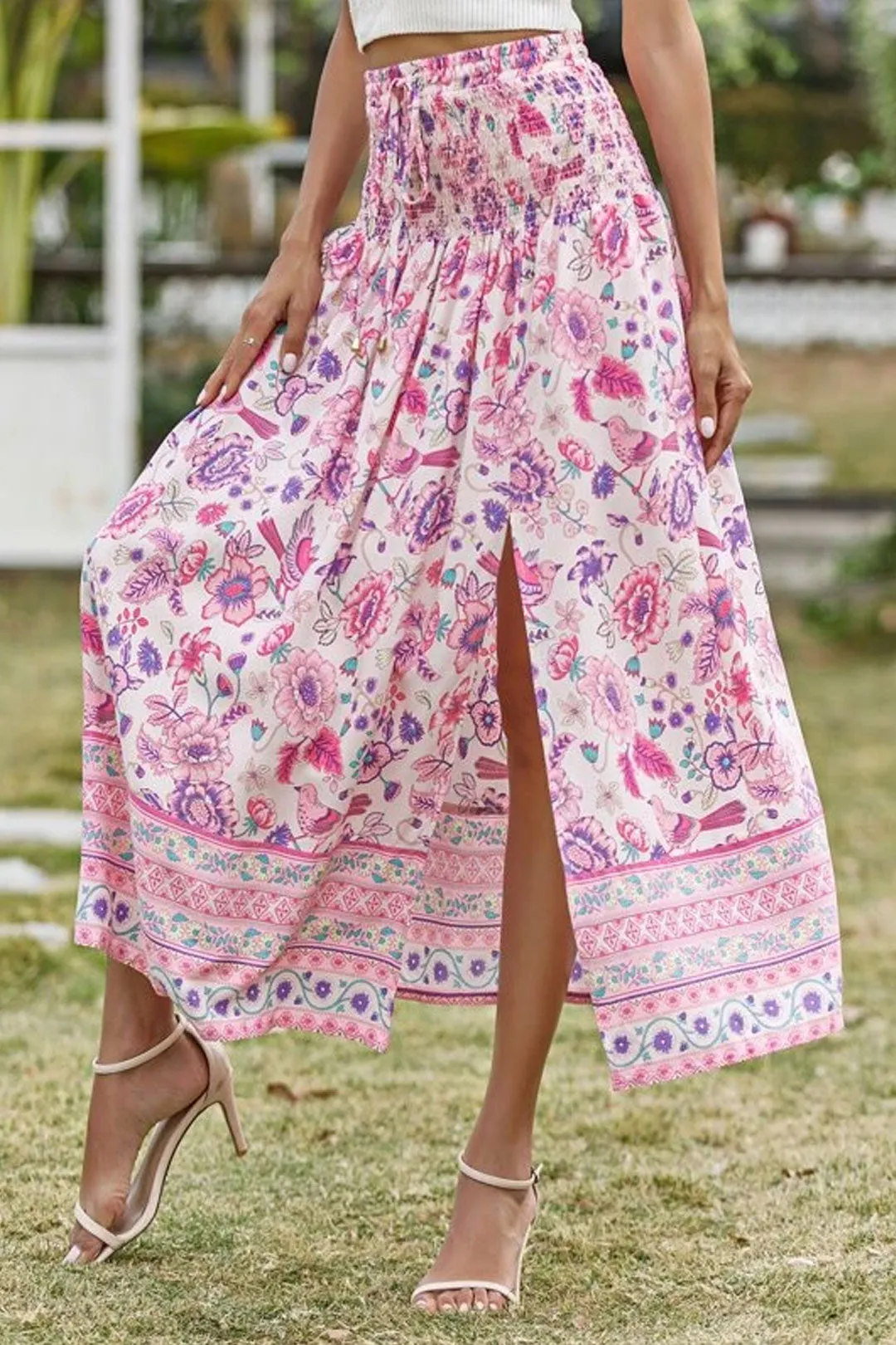 Boho Skirt, Hippie Skirts, Maxi Skirt, Smocked Waist, Bird Garden in Pink Purple