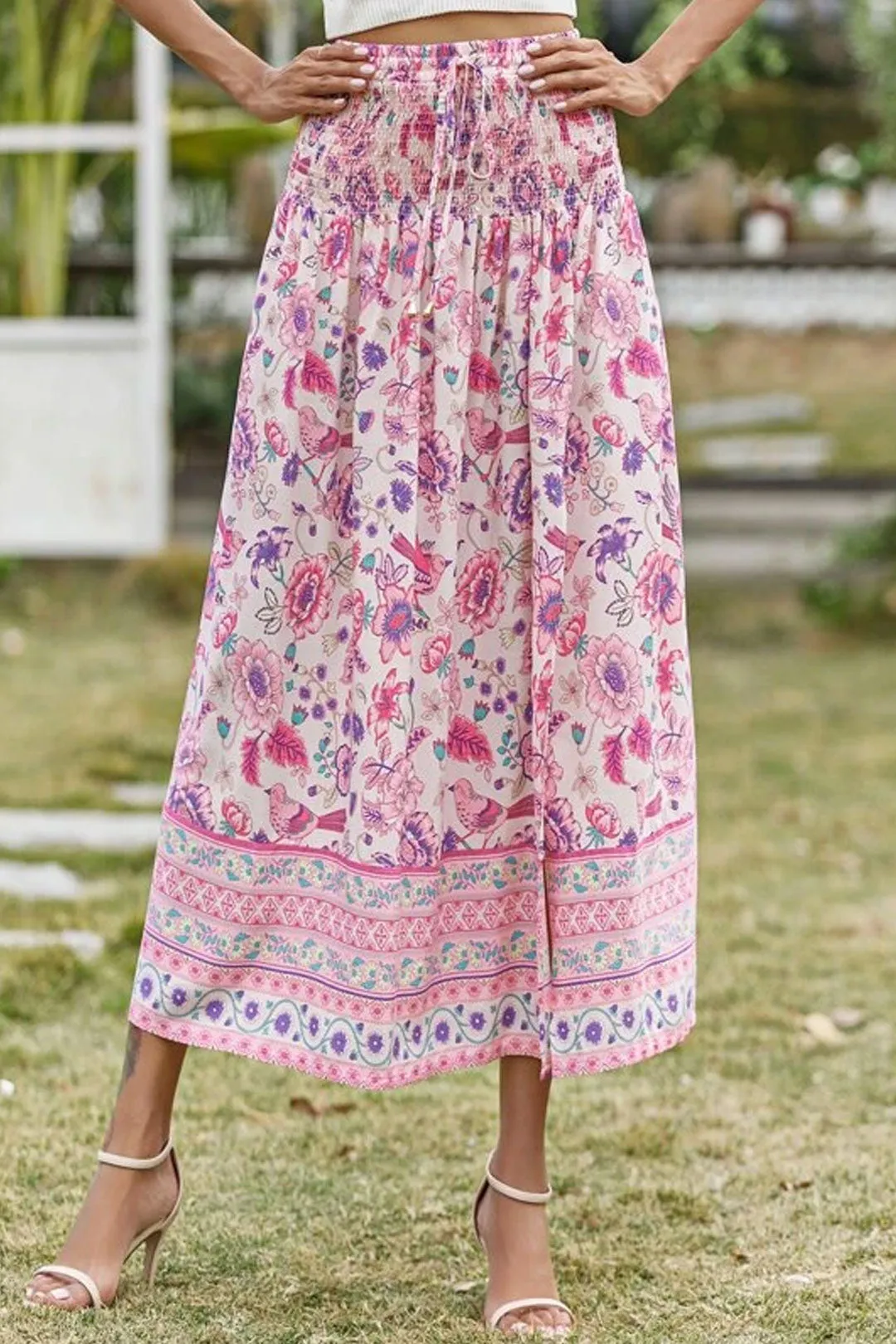 Boho Skirt, Hippie Skirts, Maxi Skirt, Smocked Waist, Bird Garden in Pink Purple