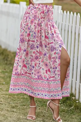 Boho Skirt, Hippie Skirts, Maxi Skirt, Smocked Waist, Bird Garden in Pink Purple