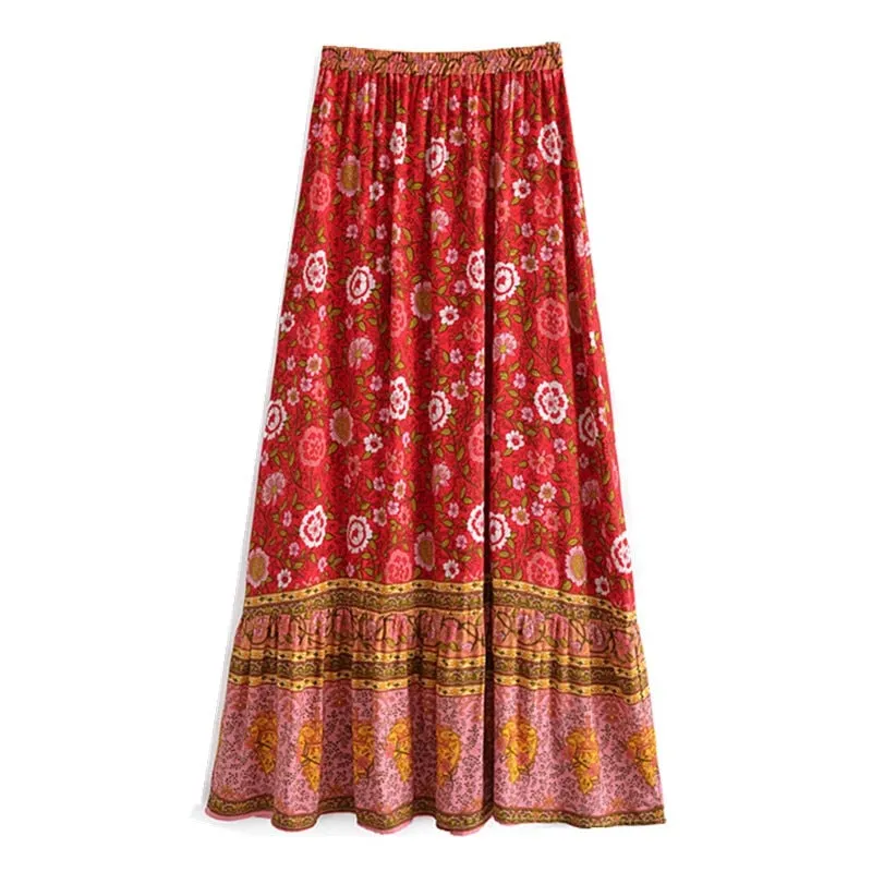 Boho Skirt, Hippie Skirts, Maxi Skirt, Verbena Flower in Red