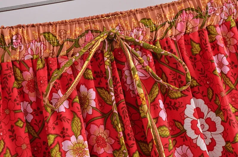 Boho Skirt, Hippie Skirts, Maxi Skirt, Verbena Flower in Red