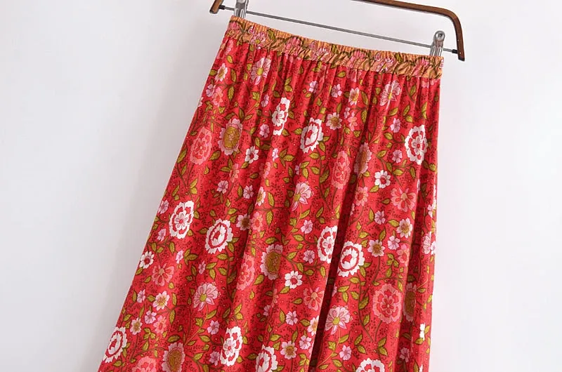 Boho Skirt, Hippie Skirts, Maxi Skirt, Verbena Flower in Red