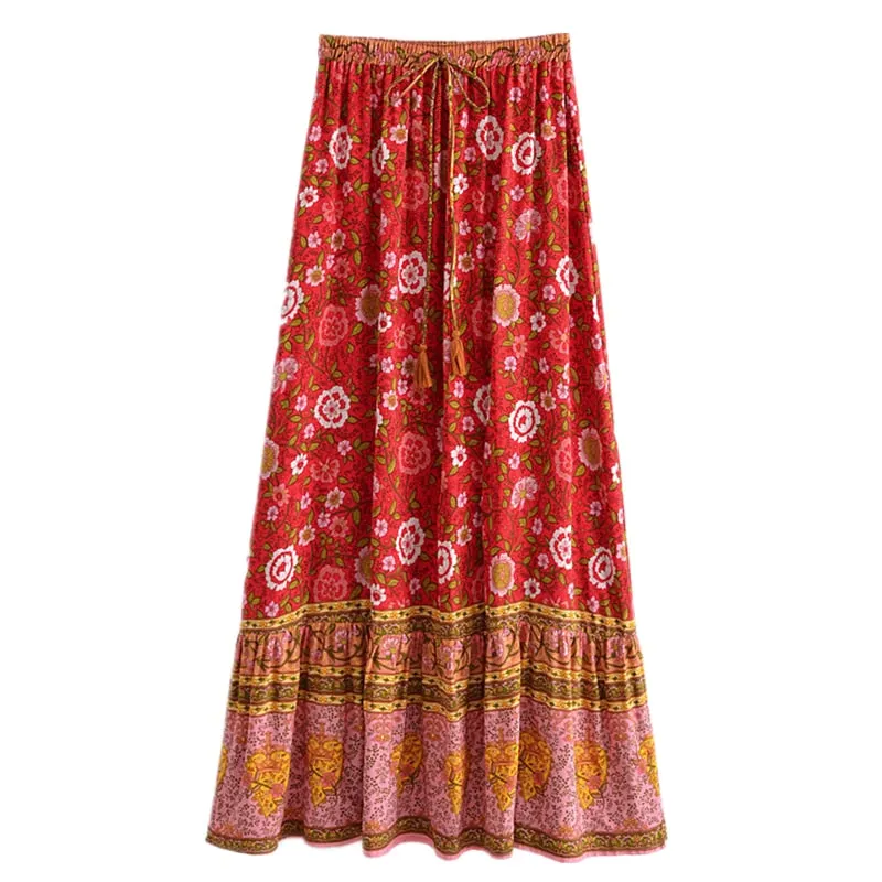 Boho Skirt, Hippie Skirts, Maxi Skirt, Verbena Flower in Red
