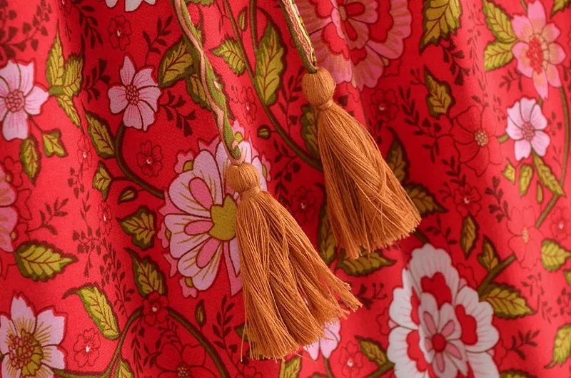 Boho Skirt, Hippie Skirts, Maxi Skirt, Verbena Flower in Red