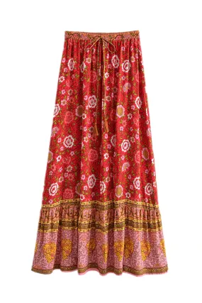 Boho Skirt, Hippie Skirts, Maxi Skirt, Verbena Flower in Red