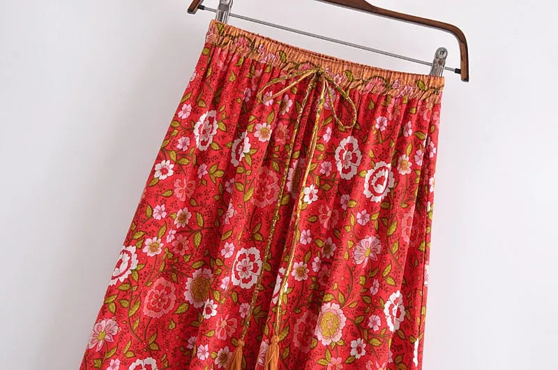 Boho Skirt, Hippie Skirts, Maxi Skirt, Verbena Flower in Red