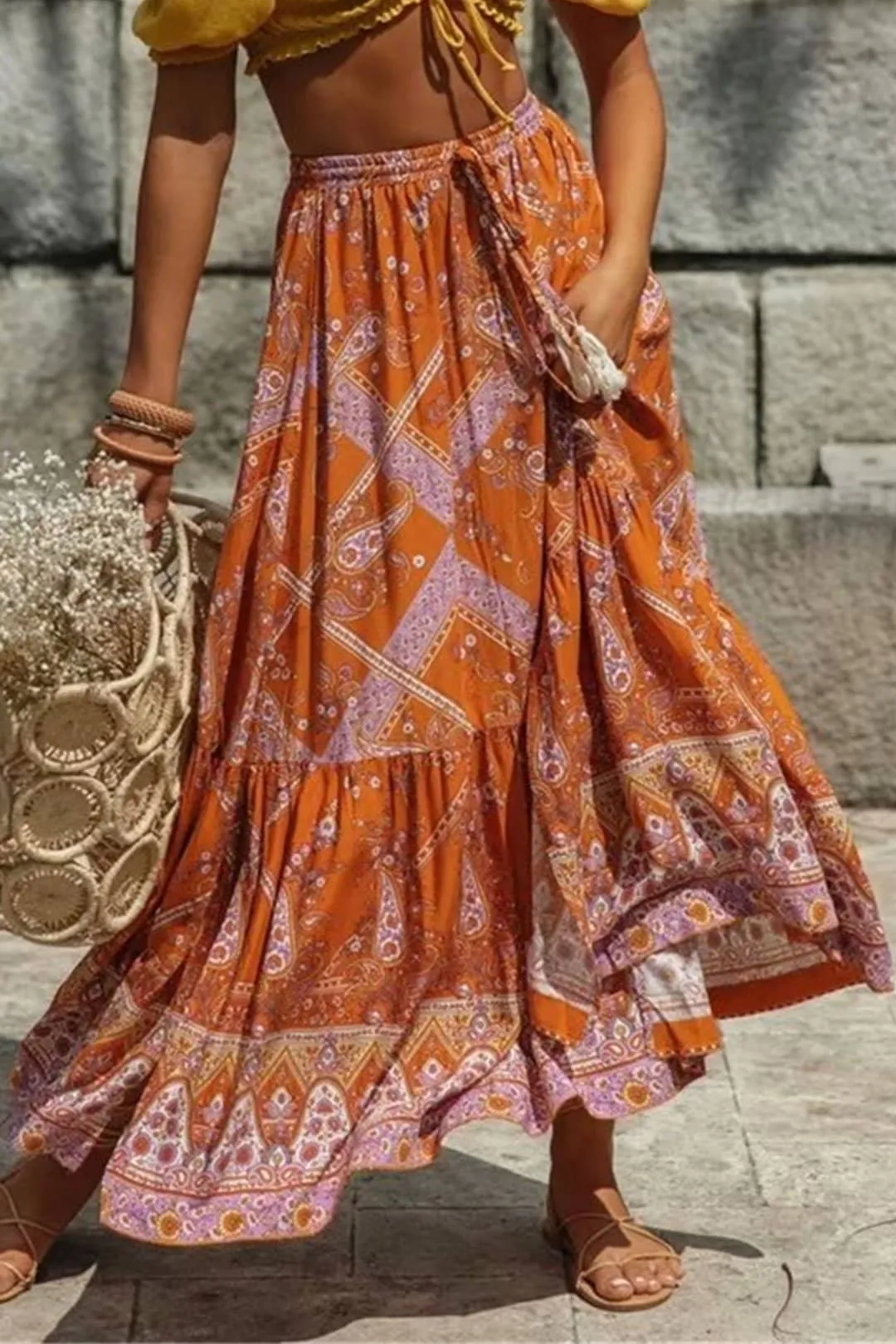 Boho Skirt, Hippie Skirts, Maxi Skirt, Wild Floral in Indian Yellow Mustard