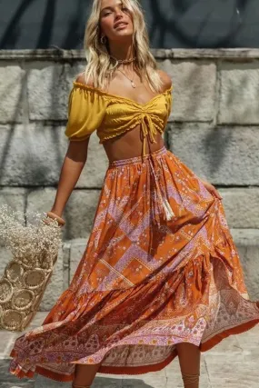 Boho Skirt, Hippie Skirts, Maxi Skirt, Wild Floral in Indian Yellow Mustard