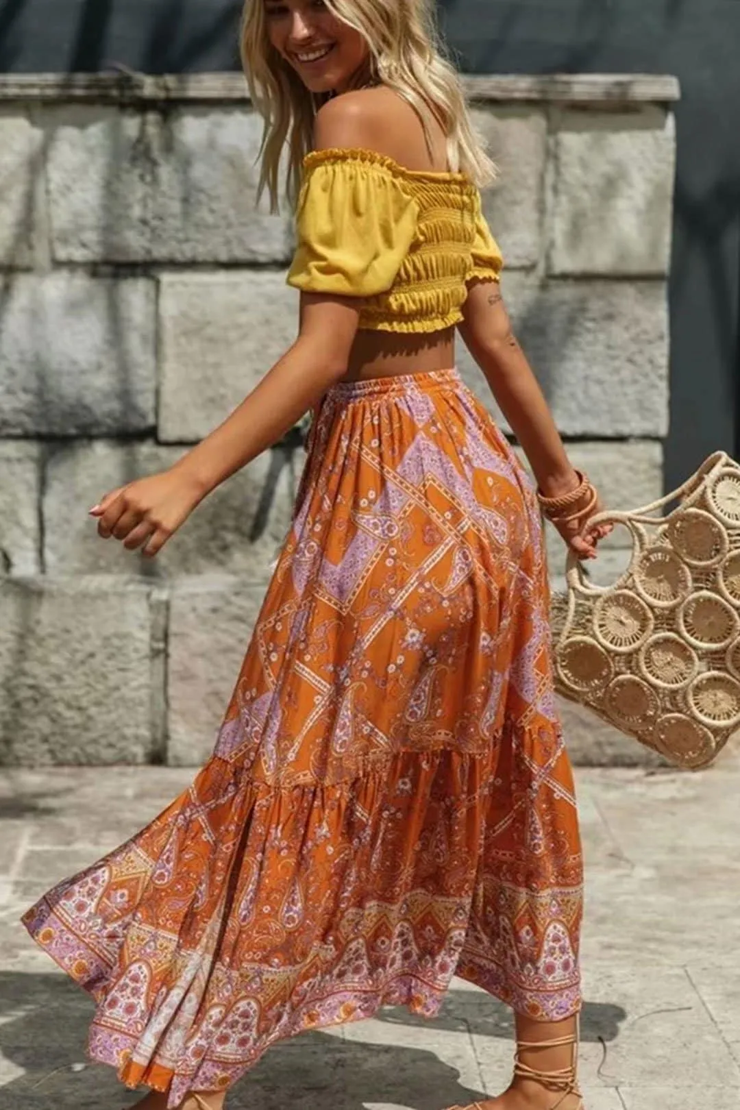 Boho Skirt, Hippie Skirts, Maxi Skirt, Wild Floral in Indian Yellow Mustard
