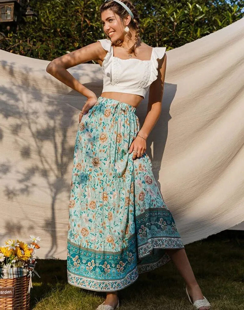 Boho Skirt, Hippie Skirts, Maxi Skirt, Wild Flower Blue Sky