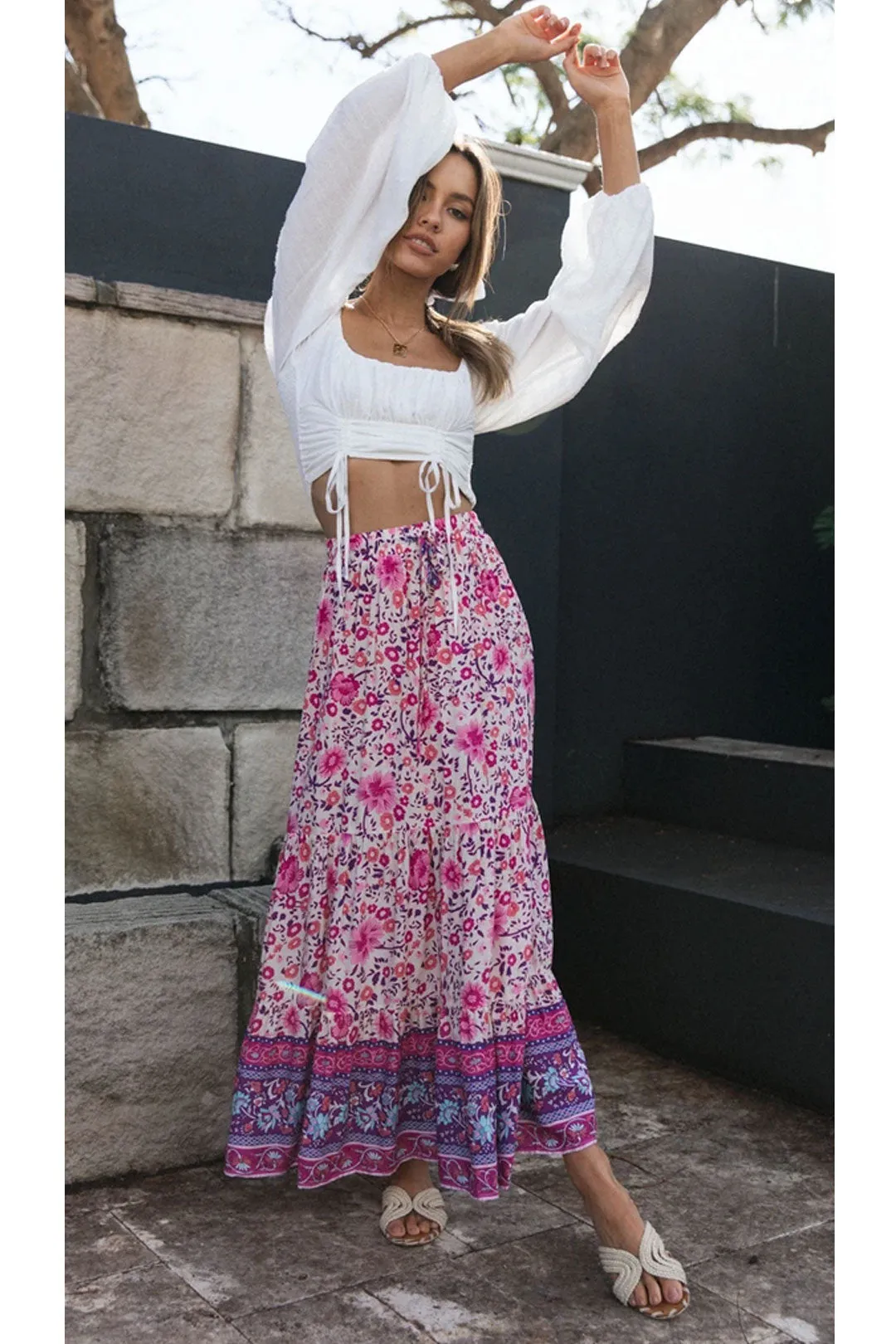 Boho Skirt, Hippie Skirts, Maxi Skirt, Wild Flower Fuchsia Pink