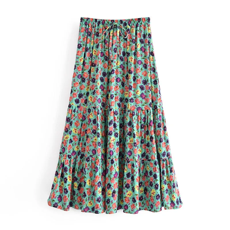 Boho Skirt, Hippie Skirts, Midi Skirt, Camila Flower in Green