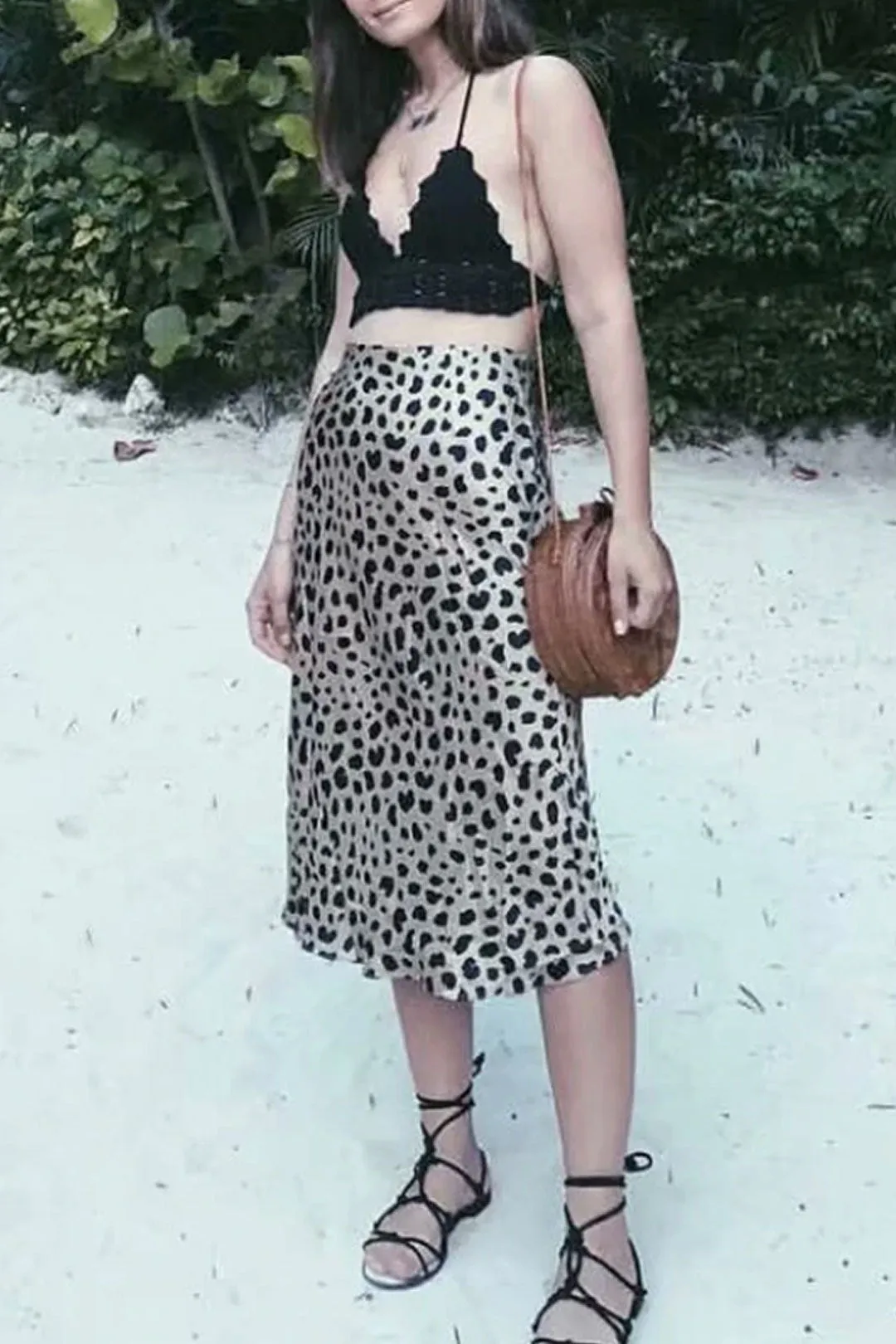 Boho Skirt, Hippie Skirts, Midi Skirt, Retro Satin Skirt, Paw Black White