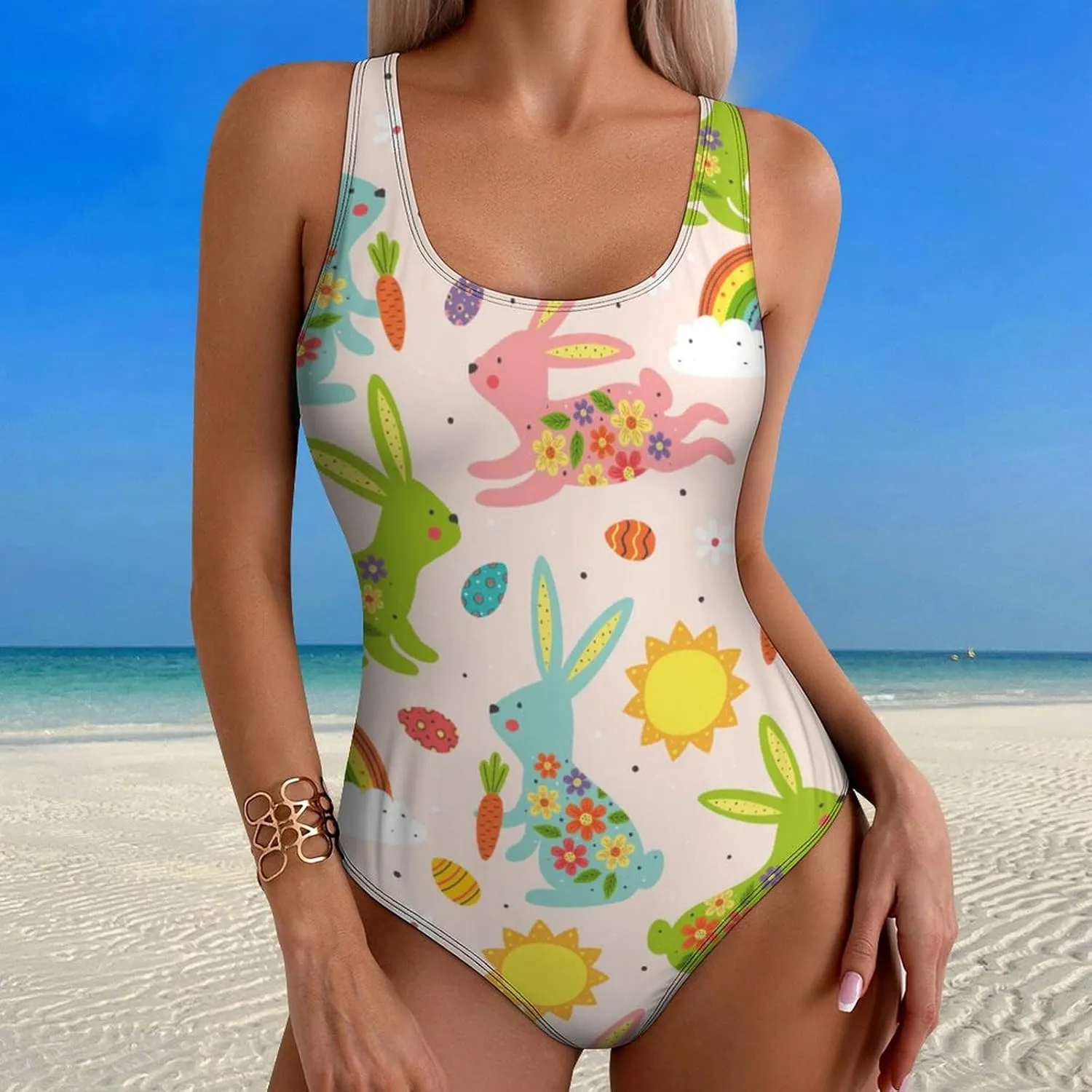 Bunny Eggs Ladies One Piece Swimsuit Crisscross Back Scoop Neck Trendy Tummy Control Bathing Suit