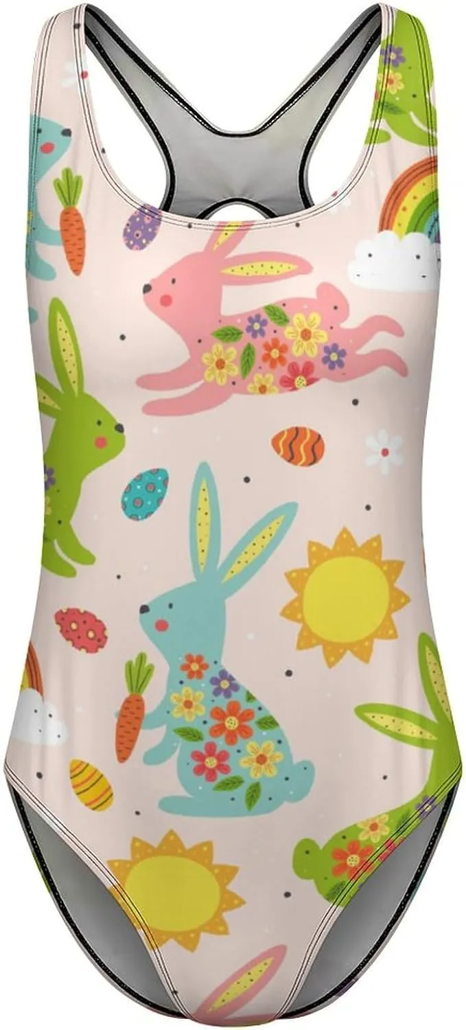 Bunny Eggs Ladies One Piece Swimsuit Crisscross Back Scoop Neck Trendy Tummy Control Bathing Suit
