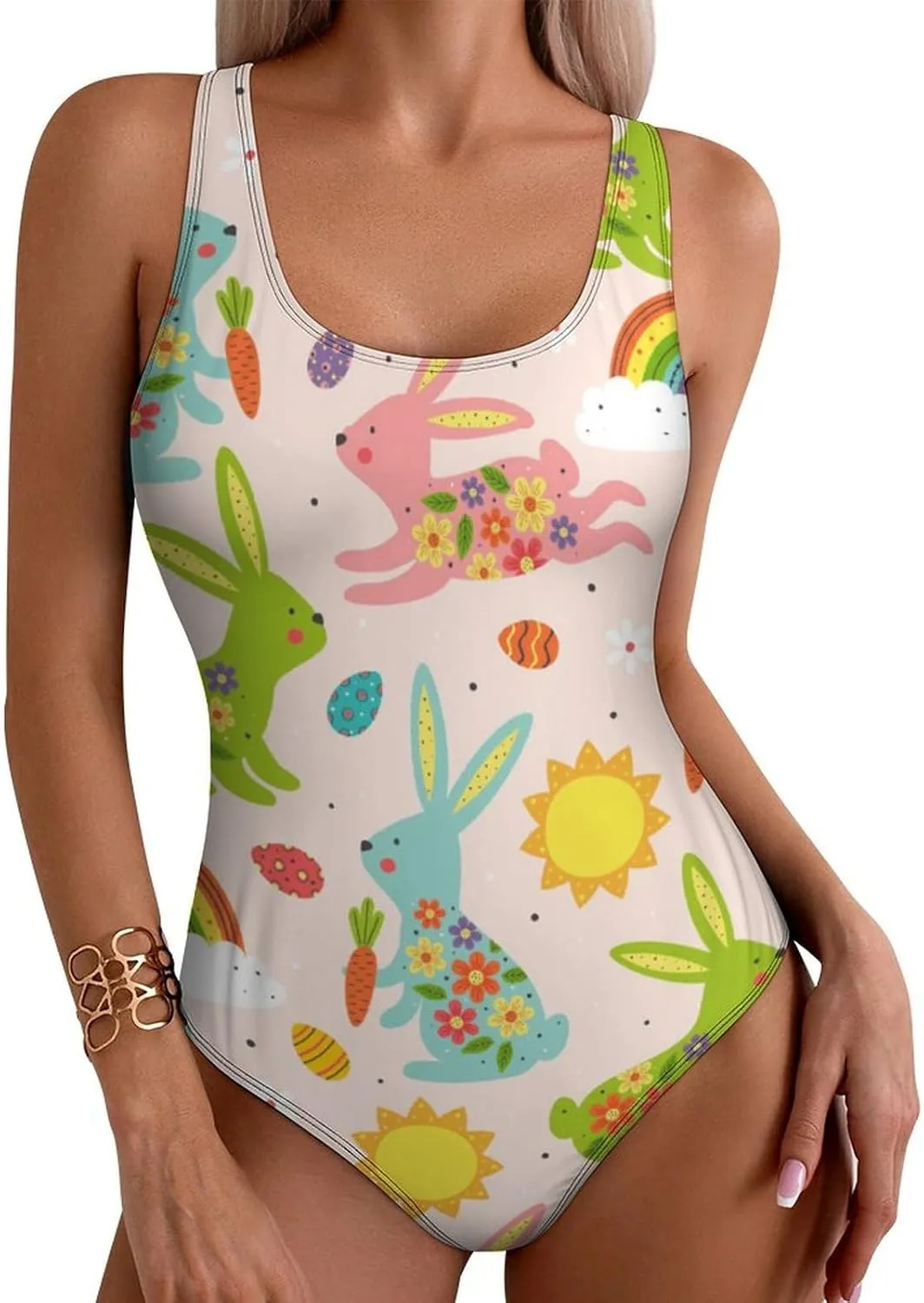 Bunny Eggs Ladies One Piece Swimsuit Crisscross Back Scoop Neck Trendy Tummy Control Bathing Suit