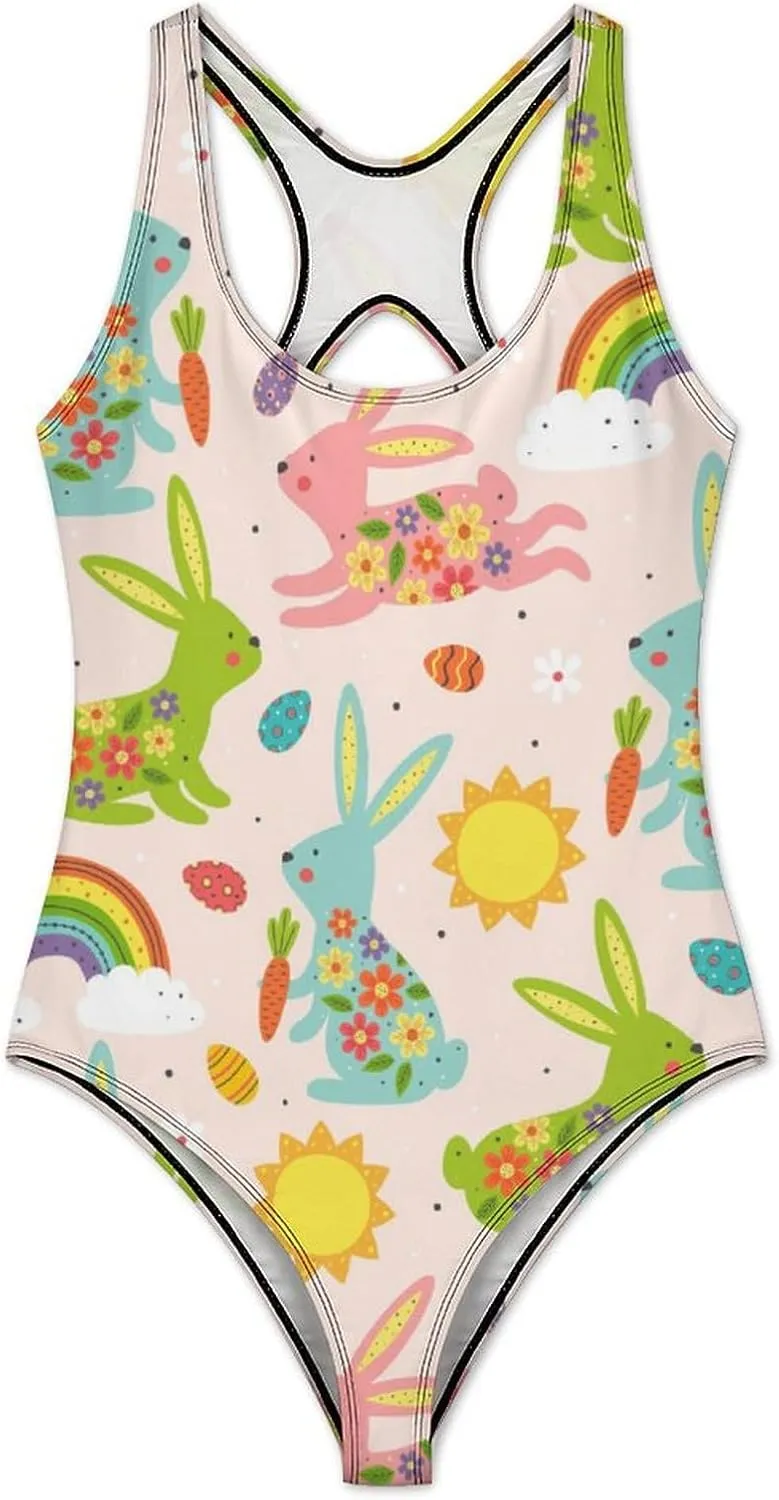 Bunny Eggs Ladies One Piece Swimsuit Crisscross Back Scoop Neck Trendy Tummy Control Bathing Suit